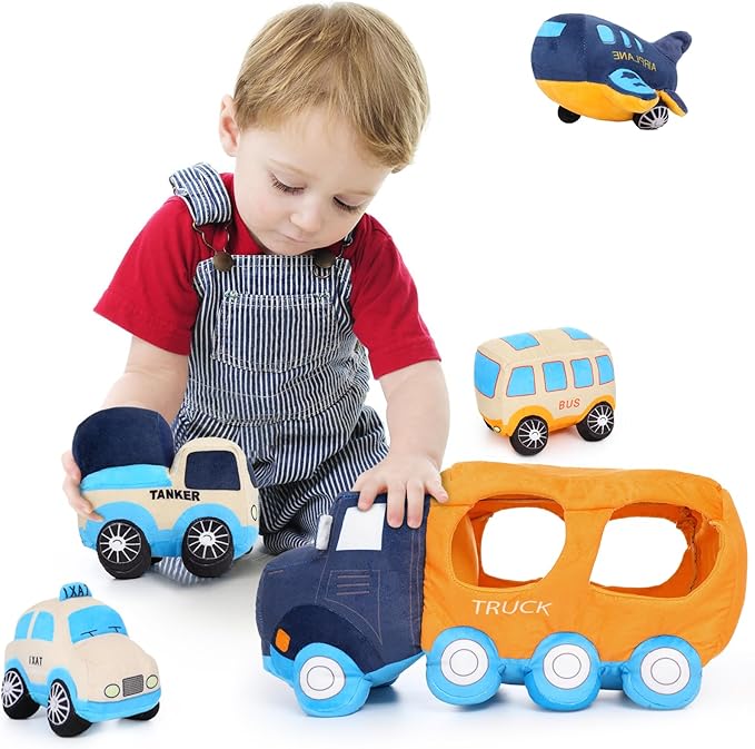 Soft Truck Toy Set with 4 Stuffed Baby Vehicles Toys