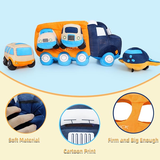 Soft Truck Toy Set with 4 Stuffed Baby Vehicles Toys